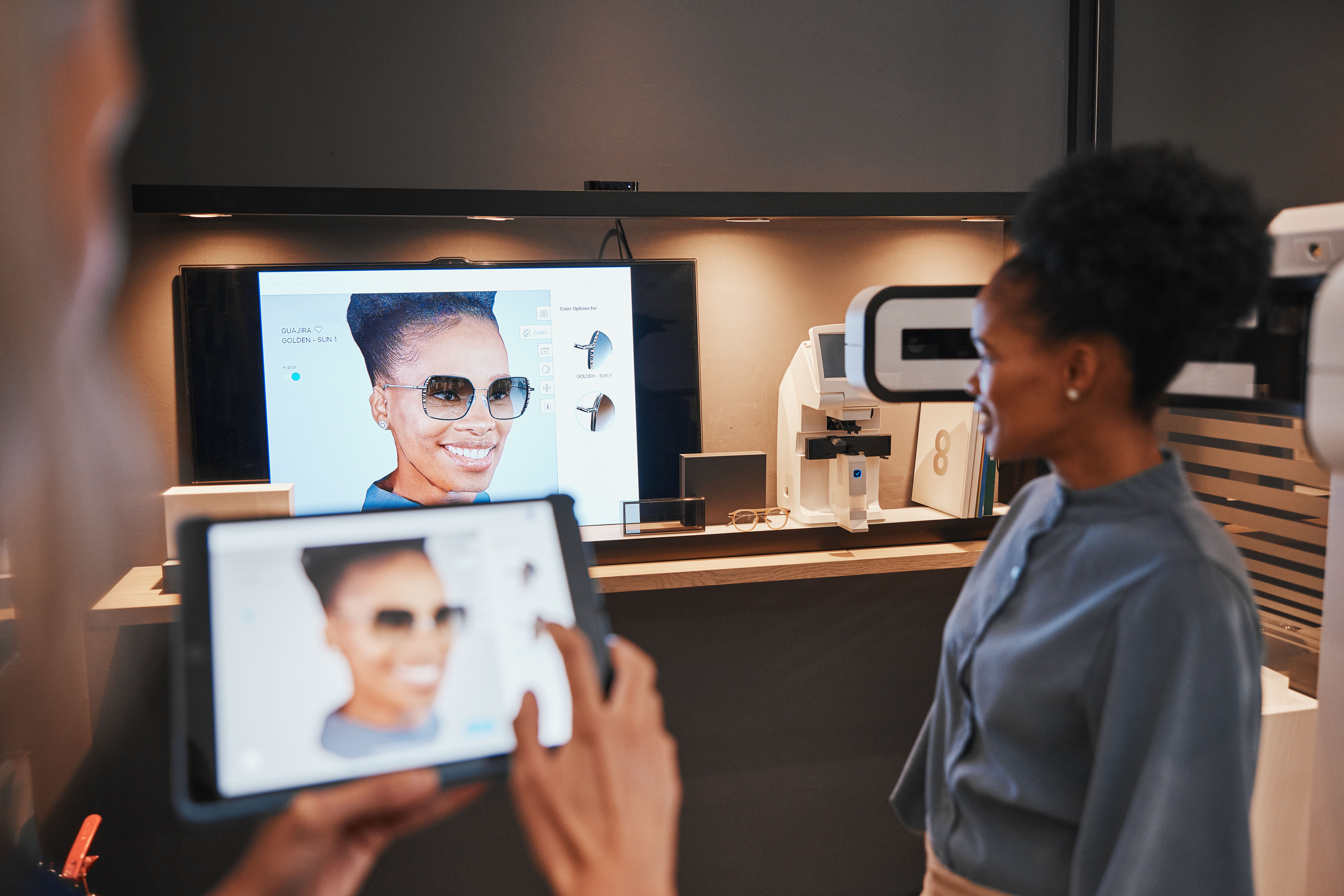 Optometry, frames and black woman trying glasses for eye care, vision and choice of sunglasses. Happy, testing and African customer looking at her face with different eyeglasses for the best fit